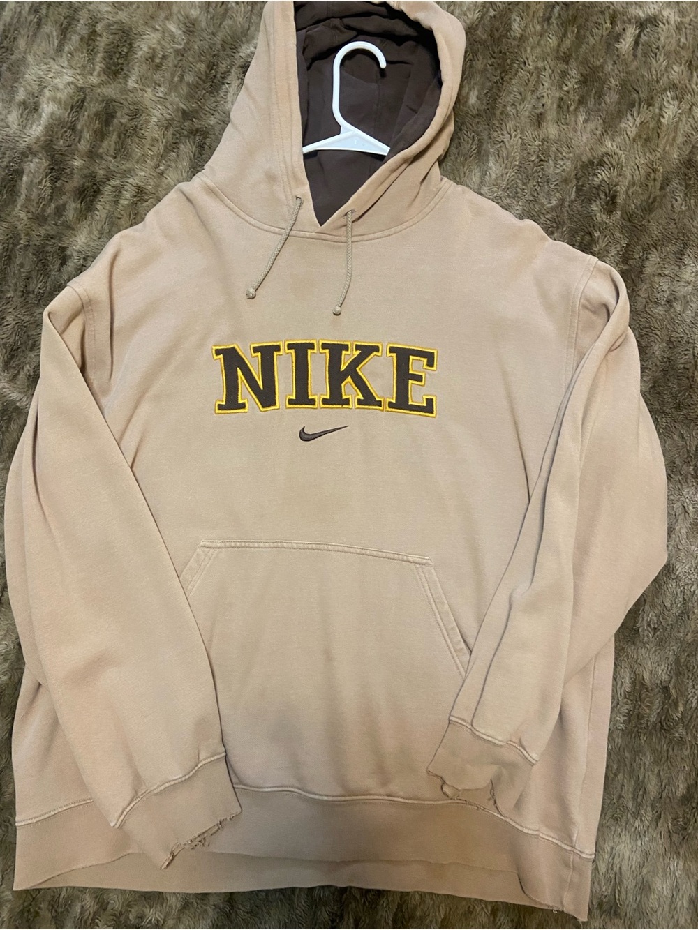 Nike Beige Pullover Hoodie with Yellow-Outlined Logo
